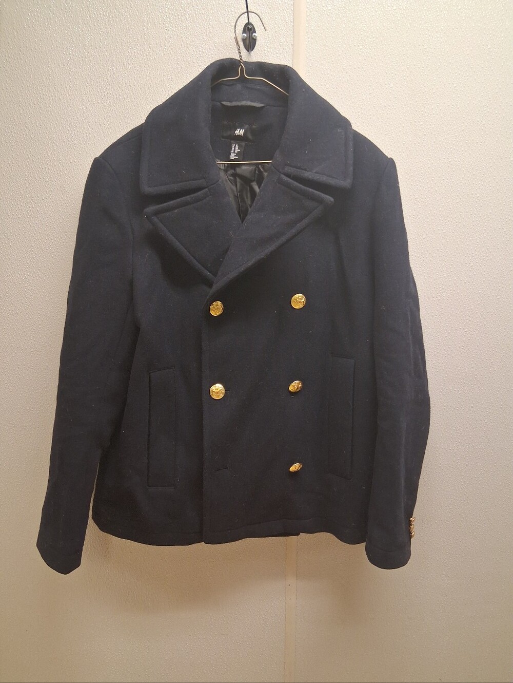 H&M Men's Navy Double-Breasted Pea Coat with Gold Buttons